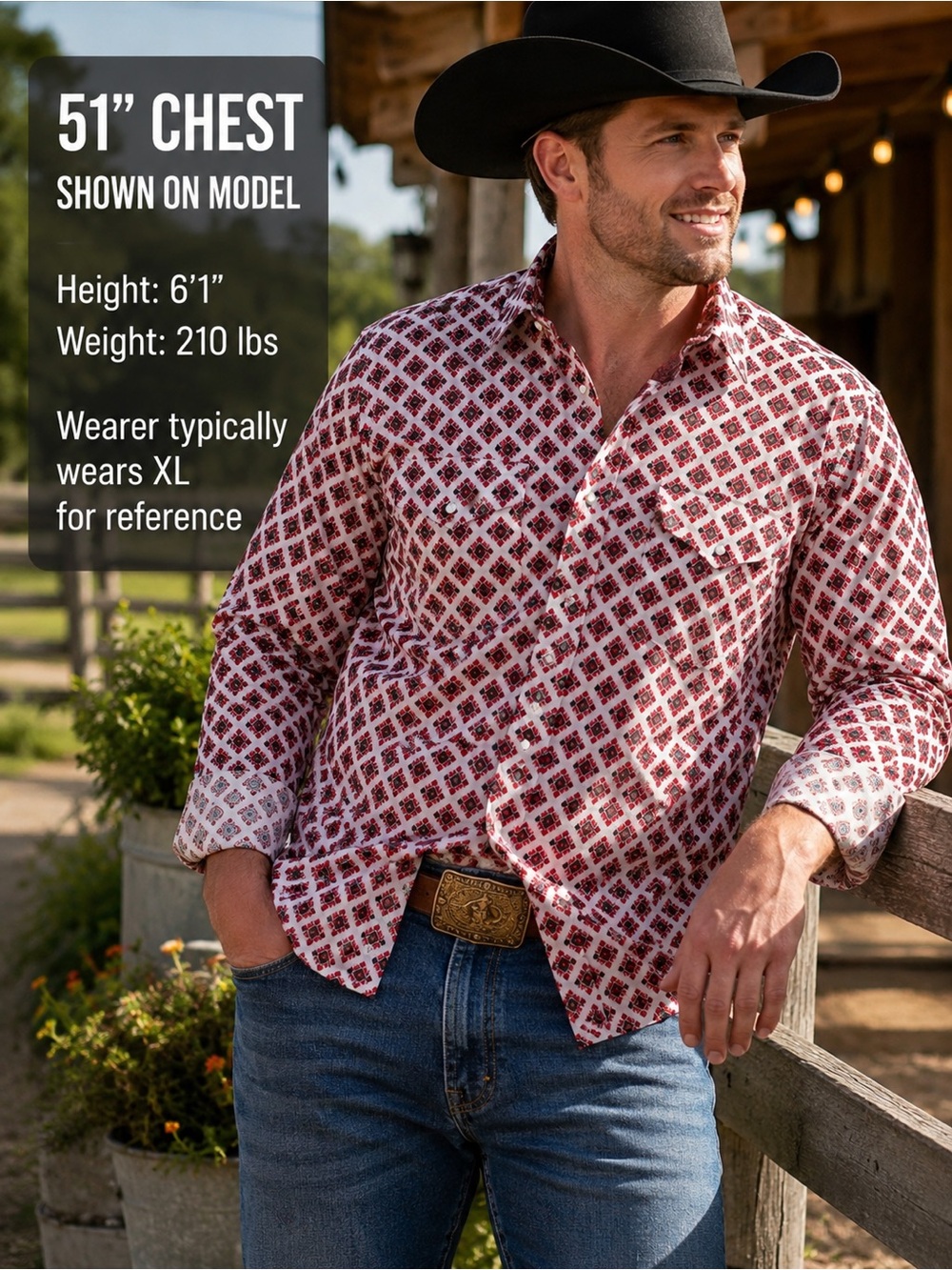 Montero Men’s 3X Western Pearl Snap Shirt Red Geometric Cowboy